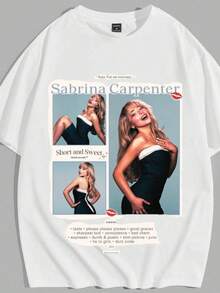 Hip Hop Singer Printed T-Shirt, Espresso Retro Cotton Blouse - 薩布麗娜.布蘭科 - 查看 2