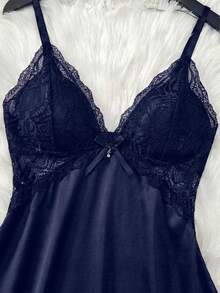 Nightgown In Lace With Adjustable Strap And Opening At The Back - 藏蓝色 - 查看 5