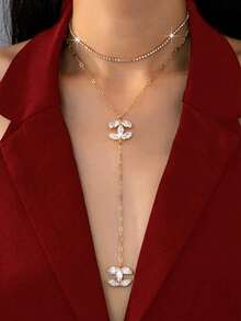 两件套优雅水晶装饰Y形链项链套装，女士款，镶嵌立方氧化锆CC标志吊坠项链，时尚首饰套装，适合日常佩戴和派对场合 - 雙c吊墜項鍊套裝 - 查看 2
