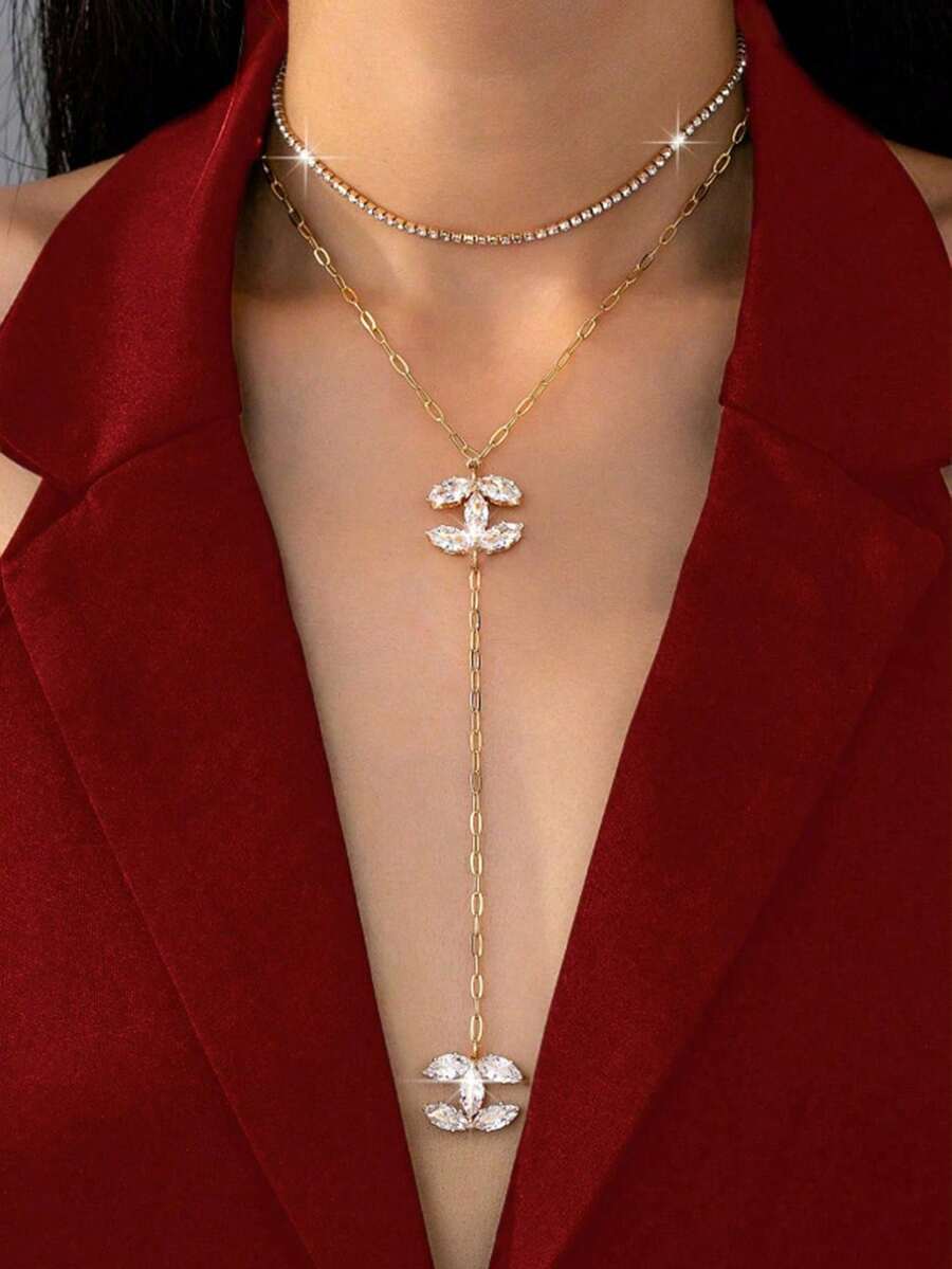 两件套优雅水晶装饰Y形链项链套装，女士款，镶嵌立方氧化锆CC标志吊坠项链，时尚首饰套装，适合日常佩戴和派对场合