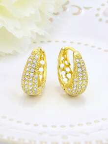 925纯银耳环，低过敏性立方氧化锆圈形耳环，经典时尚日常佩戴，生日礼物 - 金黃色 - 查看 3