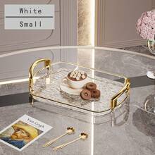 30cm/35cm/40cm Gold Thickened Transparent PET Rectangular Serving Tray With Handles, Glacier Pattern, Plastic Tableware Holder For Tea Cups And Water Glasses, Gold Rim - Clear - View 8