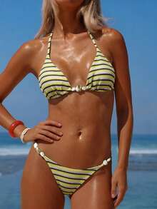 2pcs Textured Fabric Resin Buckle Fashionable Women Bikini Swimsuit - Multicolor - View 3