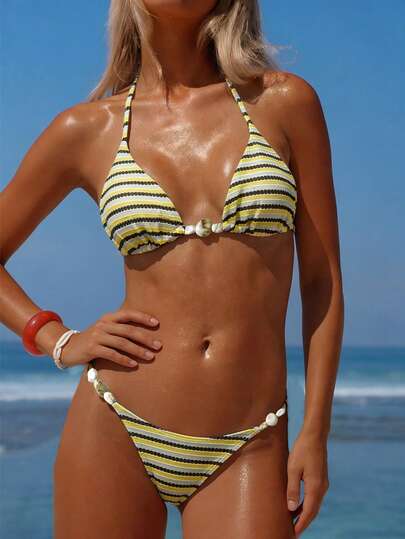2件套纹理面料树脂扣时尚女士比基尼泳衣