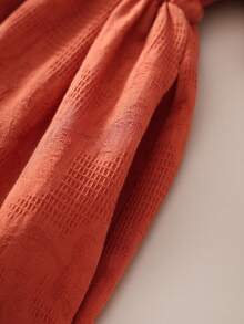 Embroidered Cinched Waist Linen Blend Midi Dress, Washed Jacquard, Slimming, Summer - Burnt Orange - View 9