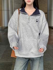 Women's Stand Collar Zipper Half Placket Pocket Letter Print Casual Commuter Long Sleeve Sweatshirt, Autumn/Winter - Grey - View 5