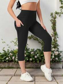 高腰修身喇叭瑜伽裤，带口袋，休闲宽松阔腿裤，女款 - 黑色 - 查看 5