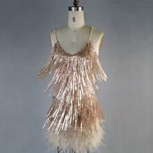 Women's Sleeveless Pink Fringe Feather Party Mini Skirt, Spaghetti Strap Neckline, Fashionable And Dazzling, Perfect For Night Out Elegant - Champagne - View 6