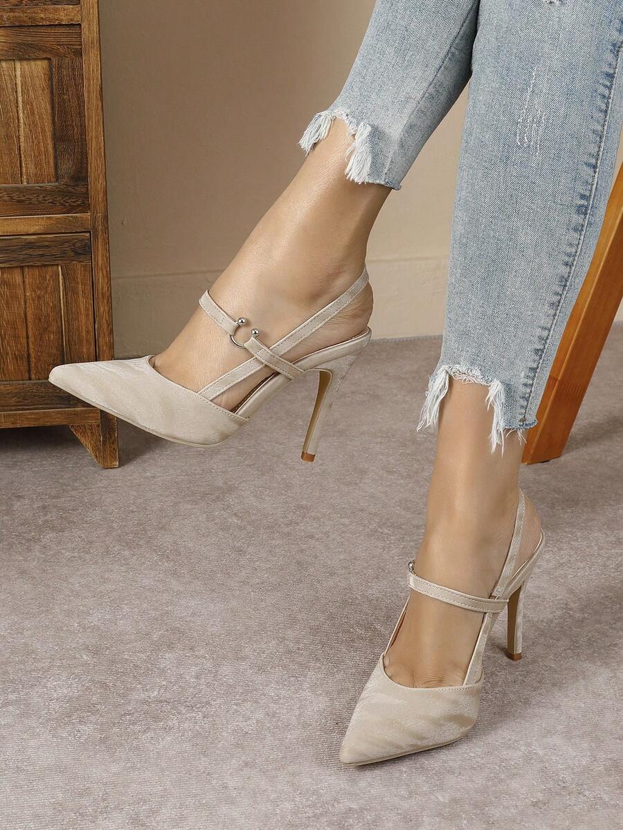 女士尖头镂空优雅派对高跟鞋，时尚百搭无后跟浅口鞋，黑色、白色、蓝色可选，适合春季和秋季穿着。 - 杏色 - 查看 1