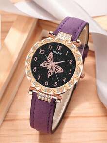 6/1 Set, Niña elegante, Moda sofisticada, Esfera con diseño de mariposa, Reloj de cuarzo elegante, Adecuado para que las niñas lo usen. Se puede combinar con collares, pulseras, anillos y aretes con diseño de mariposa. Adecuado como regalo de cumpleaños/festival para niñas. También muy adecuado para uso diario, como regalos de Navidad, temporada de regreso a clases, fiestas, etc. Temporada de graduación, Día de San Valentín, Navidad - Excelentes regalos para niñas. - Multicolor - Ver 4