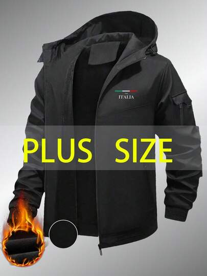 Plus Size Men's Hooded Soft Shell Jacket, Lightweight Warm Windproof Coat With Thermal Lined, Italian Print