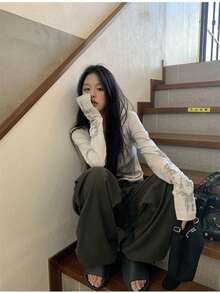 New Women's Printed Short T-Shirt, Slim Fit Long Sleeve Design Top, Spring/Autumn - Beige - View 4