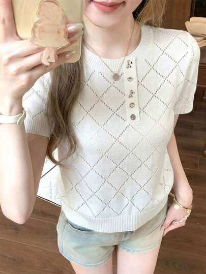 Summer Beige Argyle Hollow-Out Knit Top - Elegant Pure Yurty Sweet Casual Street Y2K Short-Sleeve Crew Neck Half-Button Bow Detail Slim-Fit Crop Ladies Knit Top | For Young Ladies, Ladies, Sweet Girls, Y2K Girls & Hot Girls, Perfect For Valentine's Day/Women's Day/Mother's Day/Casual Hangout/Beach Vacation/Party Gathering/Back To School/Wedding Season/Music Festival/2026 Coquette Argyle Knit Top