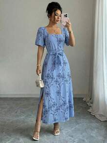 Long Floral Dress, Spring/Summer Style, Evangelical Fashion, With Elastic Waistband And Removable Tie Belt. - 藍色 - 查看 1