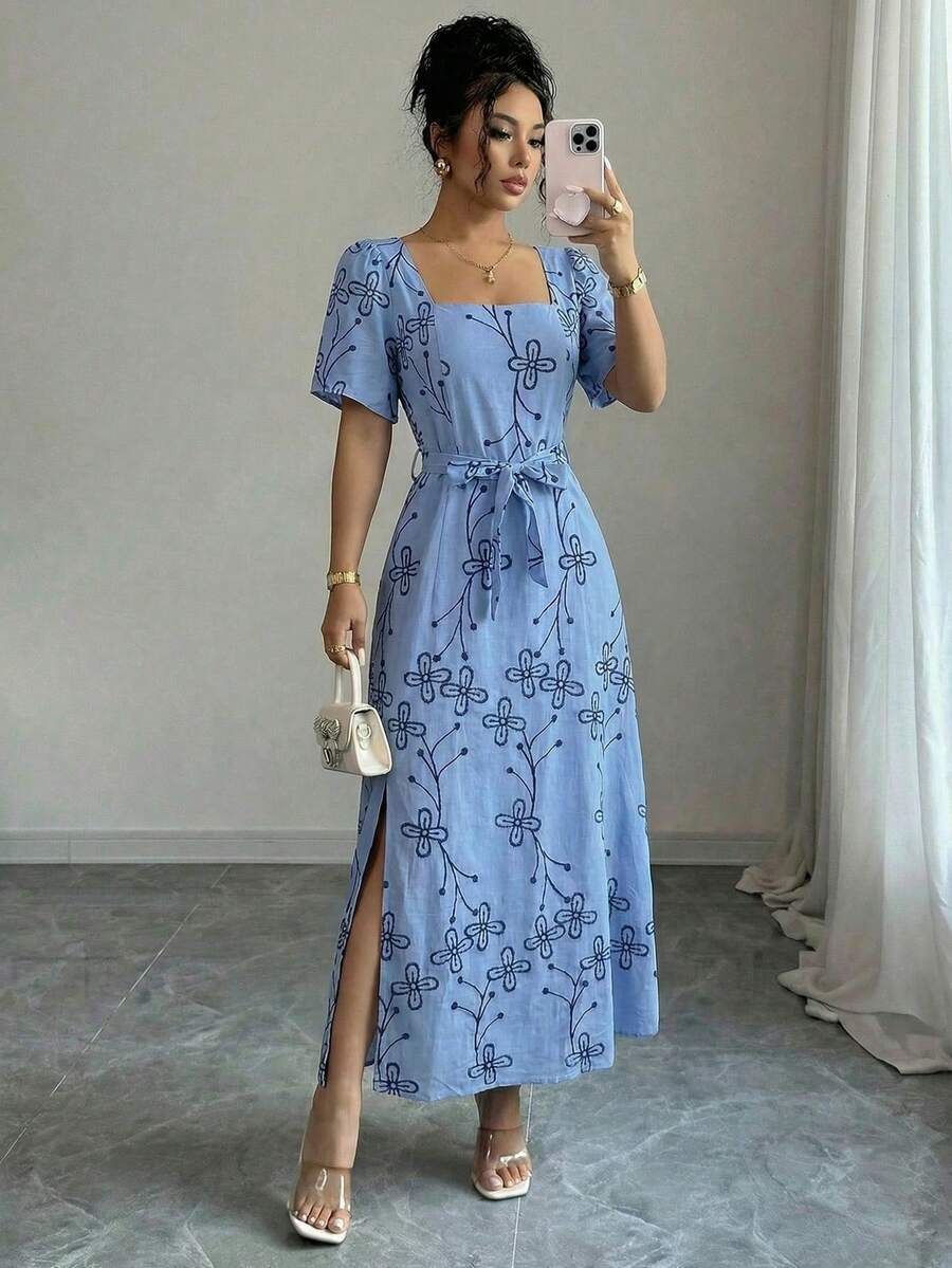 Long Floral Dress, Spring/Summer Style, Evangelical Fashion, With Elastic Waistband And Removable Tie Belt. - 藍色 - 查看 1