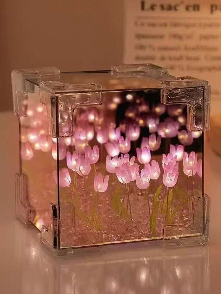 DIY Lámpara de Tulipanes en Cubo,10*10*10CM,Lampara de Tulipanes Infinitos Con Espejo,Lampara de Flores,Romántico Decorativo Flower Hecha a Mano Night Luz Para Regalo de Dormitorio,