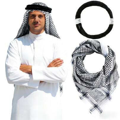 2pcs/Set UAE Shemagh Scarf, Dual-Color Plaid Middle Eastern Headscarf, Cosplay Arabic Dance Stage Performance Bandana, 3 Color Headscarf With Headband, 2pcs Set