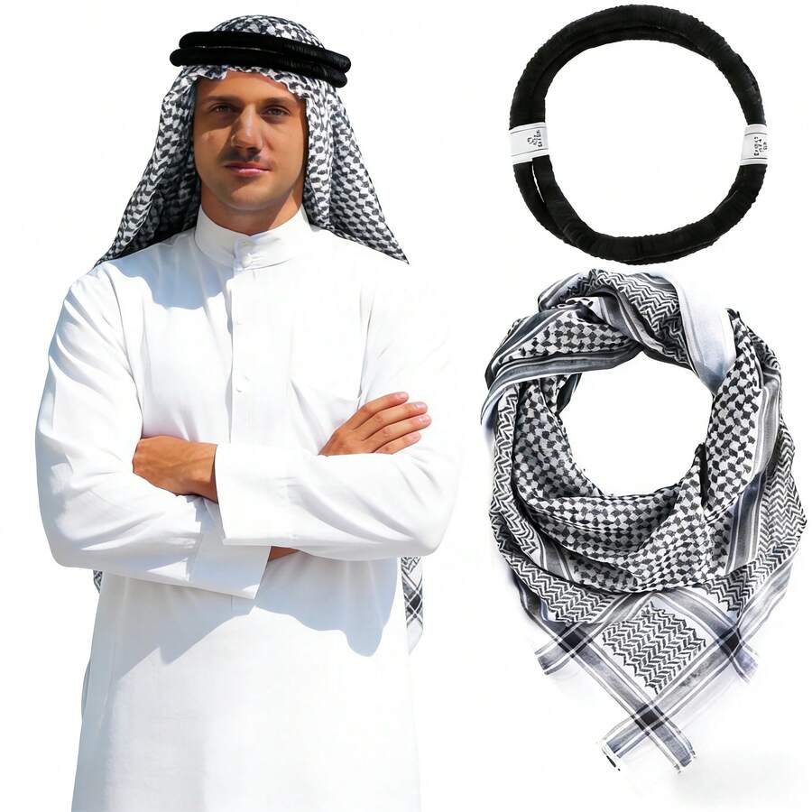 2pcs/Set UAE Shemagh Scarf, Dual-Color Plaid Middle Eastern Headscarf, Cosplay Arabic Dance Stage Performance Bandana, 3 Color Headscarf With Headband, 2pcs Set - Black - View 1