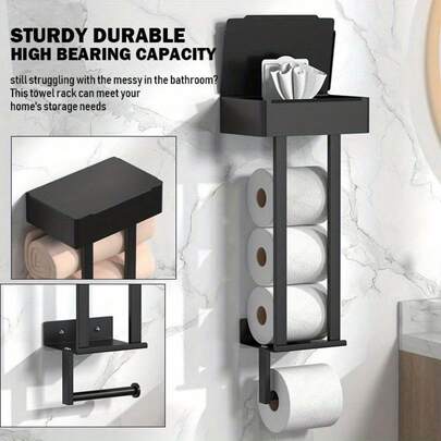 Elegant Black Toilet Paper Holder - Stylish, Space-Saving Design, Sturdy Bathroom Towel Bar - Multipurpose Storage Rack Suitable For Modern Home Bathroom