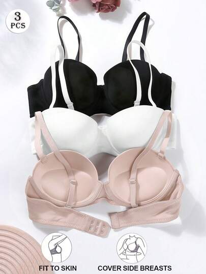 Set de 3 sujetadores de mujer de unicolor con aros y tirantes desmontables