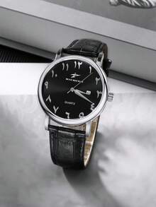 RICECGO 1pc Men's Quartz Watch, Round Dial With PU Leather Strap, Casual Date Display, Suitable For Daily Wear And Holiday Gifts