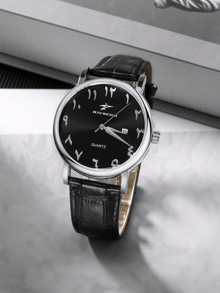 RICECGO 1 chiếc đồng hồ nam thạch anh, mặt tròn, dây da PU, hiển thị ngày tháng, thích hợp để đeo hàng ngày và làm quà tặng ngày lễ. - màu đen - Xem 1