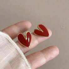 1 Pair Women's Burgundy Heart & Geometric Stud Earrings, Suitable For Daily Wear, Valentine's Day Gift - Burgundy - View 2