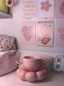 1个粉色向日葵陶瓷杯带碟，容量约220毫升，适用于家庭厨房、餐厅、客厅，可用作茶杯、咖啡杯、牛奶杯、果汁杯，小众INS风格，创意十足 - 粉色 - 查看 1