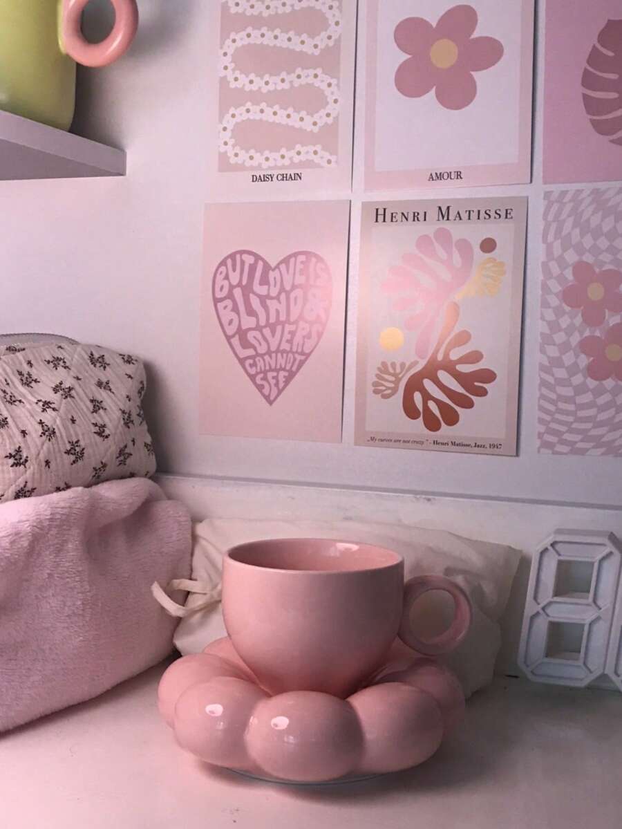 1个粉色向日葵陶瓷杯带碟，容量约220毫升，适用于家庭厨房、餐厅、客厅，可用作茶杯、咖啡杯、牛奶杯、果汁杯，小众INS风格，创意十足 - 粉色 - 查看 1