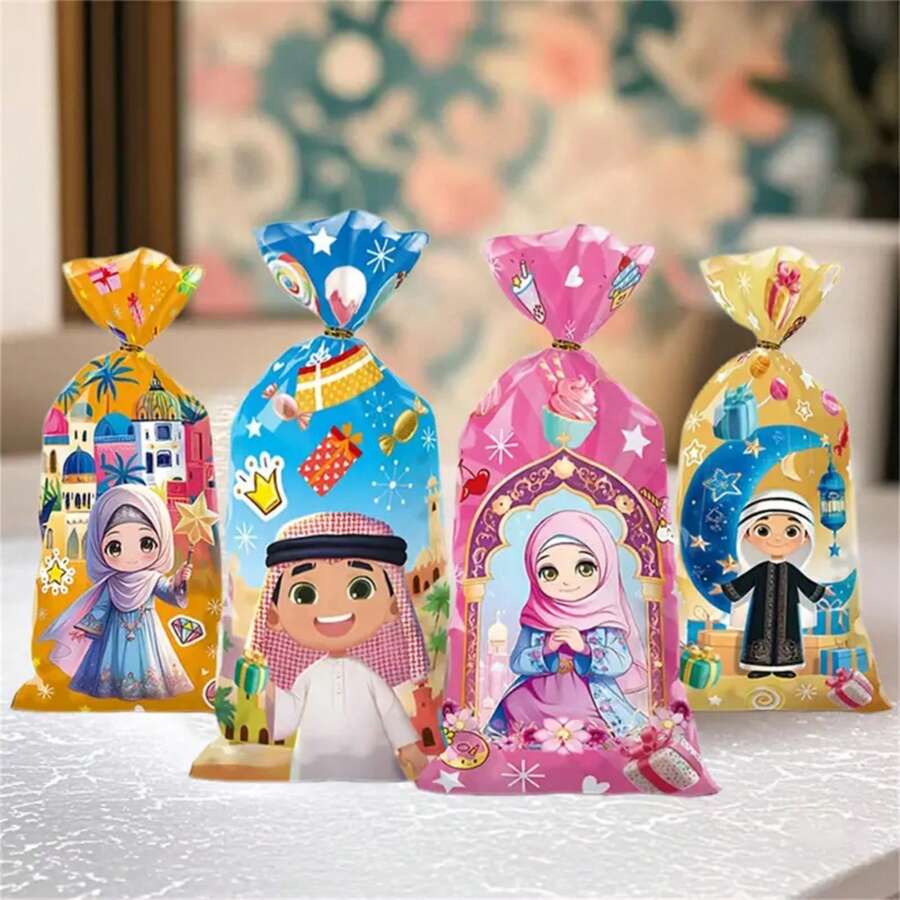 150个开斋节礼品袋，开斋节糖果饼干袋，配50条丝带，2025年伊斯兰斋月派对用品，开斋节礼品包装袋装饰，50/100/150个装 - 彩色 - 查看 1