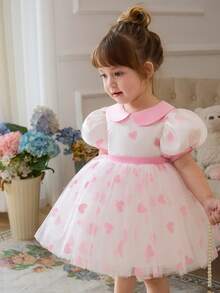 Baby Girls' Pink Round Neck Puff Sleeve Bow Tulle Elegant Princess Dress, Cute Party Dress Suitable For Girls' Birthday, Valentine's Day, Wedding, Banquet, Holiday Celebration - Pink - View 8