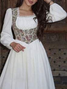 女士白色飘逸中长连衣裙 | 长袖方领花卉刺绣棉质连衣裙，适合约会和活动 - 白色 - 查看 8