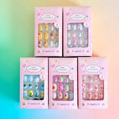 120 piezas de uñas postizas para niños, 5 paquetes de 120 piezas de uñas postizas acrílicas cortas con diseños de fresa, cereza, sandía y labios, adecuadas para el Día de San Valentín y regalos de Navidad para niñas