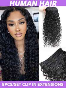 8pcs/Set Brazilian Remy Human Hair Extensions - Natural Black Water Wave Clip-In Full Head For Women, Long-Lasting & Durable, No Heat/Chemical Damage, Easy Application For Volume & Length, Hair Extensions For Women, Sleek Hairpiece 8-28 Inch - Natural Black - View 4