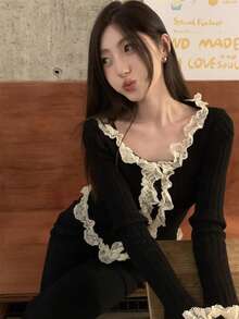 New Lace Patchwork Trim Fitted Long Sleeve Knit Top, Women's Spring/Autumn Undershirt - Black - View 3