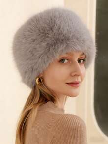 1pc Faux Fur Flat Top Hat, Fluffy Bucket Hat, Thick Warm Ear Protection Round Top Beanie