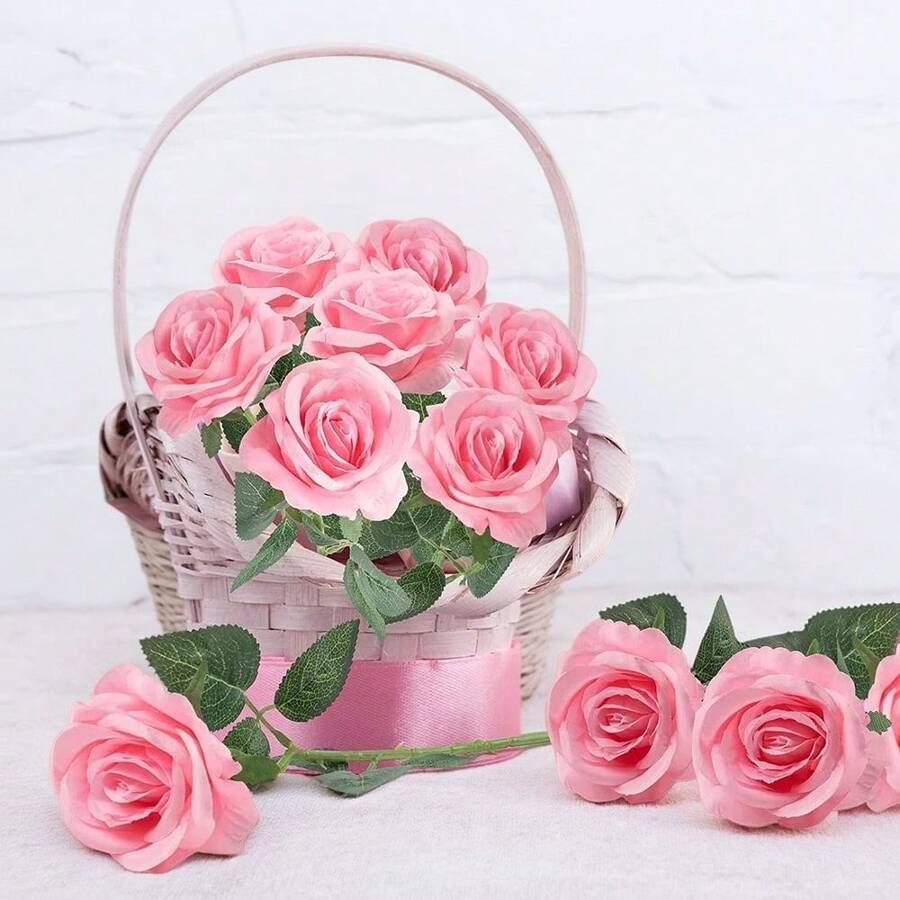 Set Of 12 Artificial Pink Silk Roses For Elegant Decorations, Perfect For Weddings, Birthdays, And Home Table Settings - Pink - View 1