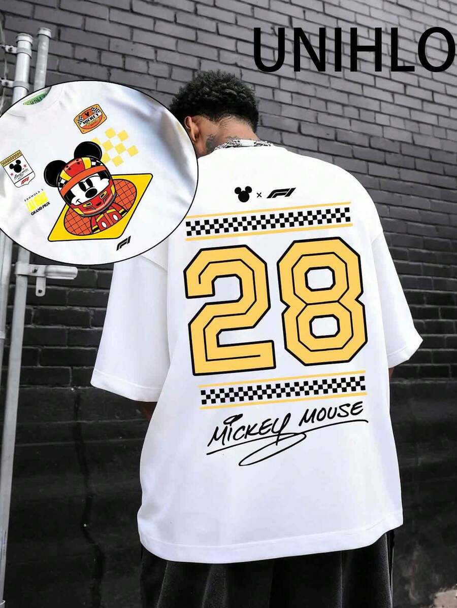 Disney UNIHLO  Street Life Men's Casual Loose  Mickey  Cartoon  Print Short Sleeve T-ShirtSummer - trắng - Xem 1