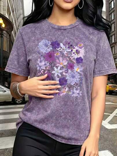 Plus Size Women's Summer Butterfly Print Casual Simple Everyday Loose Washed Cotton Short Sleeve Crew Neck T-Shirt