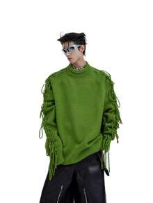 Suéter de punto masculino con flecos deconstructivos pliegues y cuello redondo holgado y cálido para otoño e invierno colores sólidos estilo minimalista y de moda - Verde - Ver 5