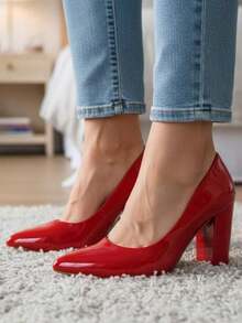 Women's Patent Leather High Block Heel Pump (9.5 Cm) Elegant And Comfortable Winter 2026 Black, Red, Nude, Pink, Blue, , Pink - 紅色 - 查看 1