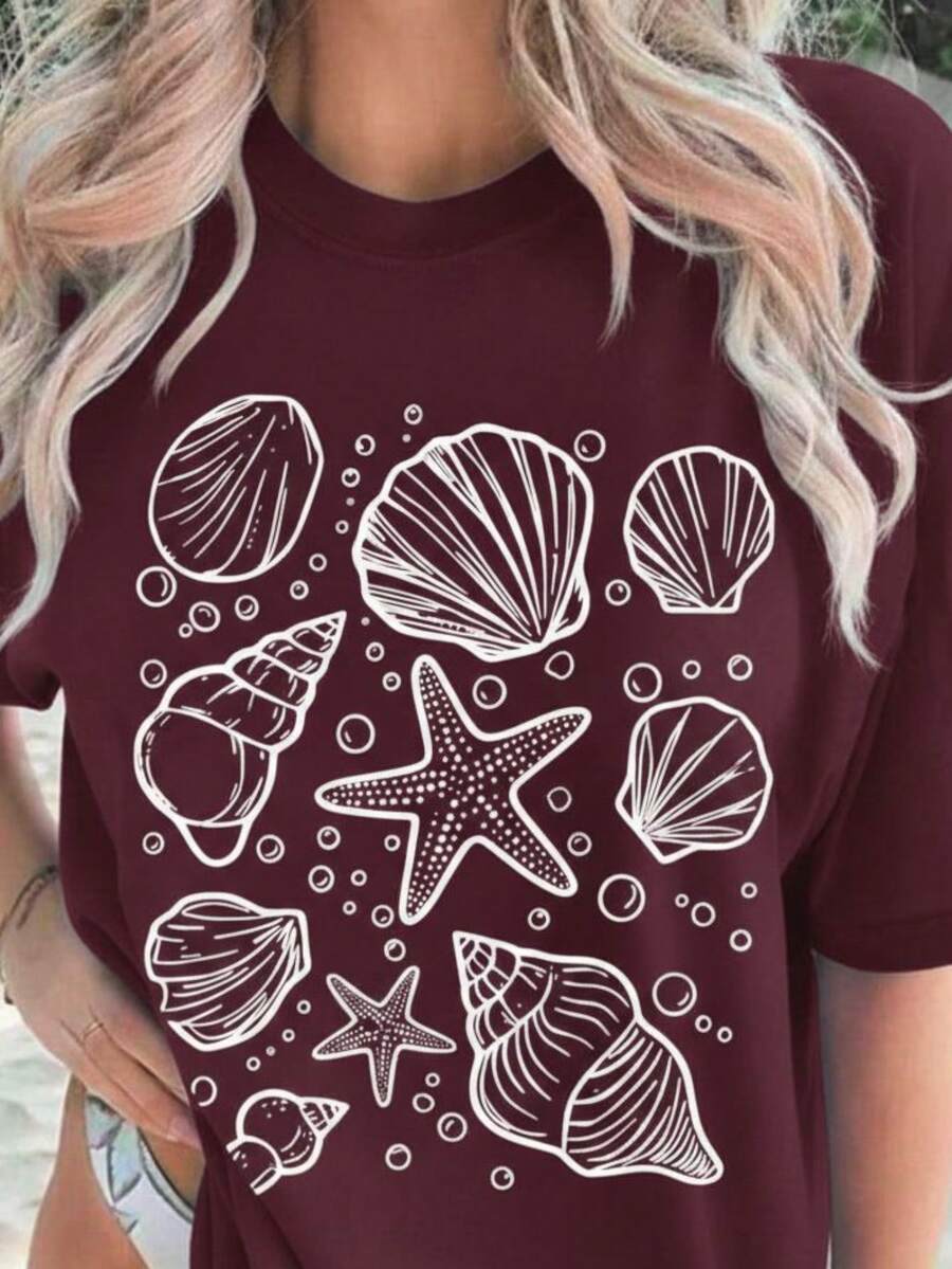 Women's T-Shirt With Shell Print - 紫紅色 - 查看 1