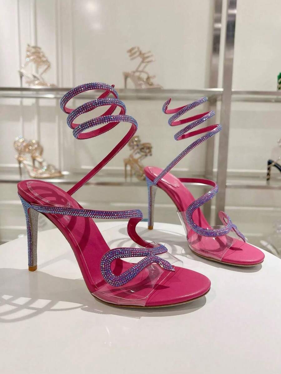 2026新款水钻蛇形缠绕高跟鞋，性感细高跟明星同款单带华丽凉鞋 - 玫紅色 - 查看 1