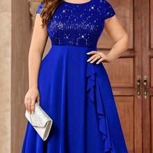 Plus Size - Women'S Plus-Size Chiffon Dress With Sequin Patchwork - 寶藍色 - 查看 2