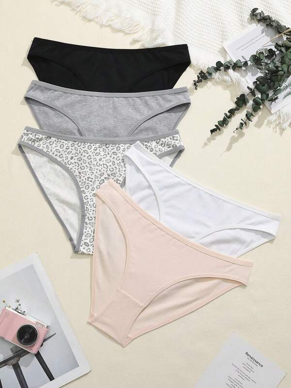 Plus Size Women 5pcs Leopard Print And Solid Briefs