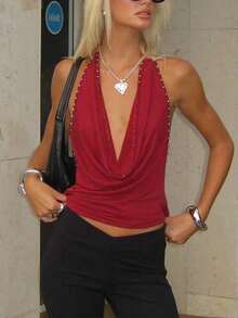 Womens Studded Halter Tank Tops Cowl Neck Draped Front Backless Slim Fit Vest Crop Tops Summer Sleeveless Open Back Camisole Shirts Party Club Going Out Tops - 紅色 - 查看 6
