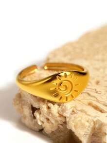 1枚复古简约不锈钢太阳叶子花朵设计戒指，时尚首饰礼品 - 金色 - 查看 4