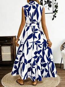 Vestido Largo Sin Mangas Para Mujer Con Estampado En Todo El Cuerpo, Vestido Tank Elegant De Cuello V Con Cinturón - Azul - Ver 2