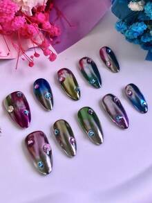 10pcs Almond Shaped Metallic Geometric 3D Abstract Art Full Cover Glossy Acrylic Reusable Nail Stickers Set, Medium Length, Includes Nail Glue And Brush, Ideal For Christmas, New Year Party, Wedding, Daily Wear, Great Gift - Navy Blue - View 4