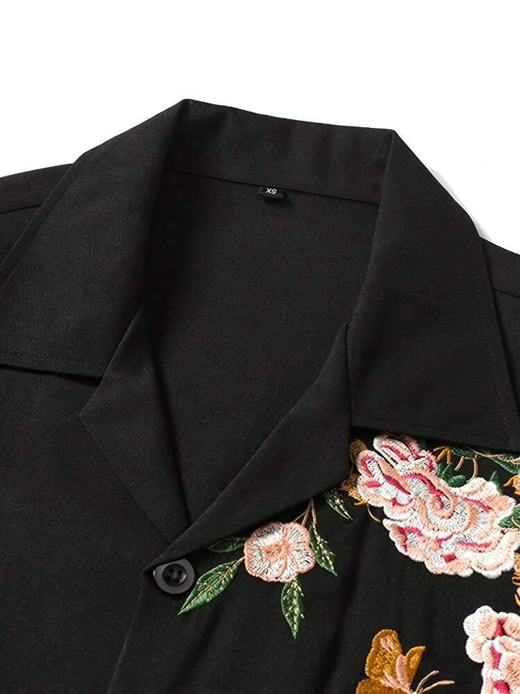 Men's Casual Floral Embroidery Loose Fit Black Shirt, Suitable For Summer Holiday - Black - View 4